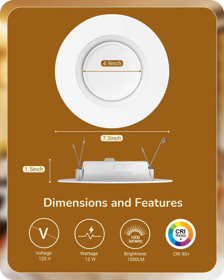 6″ 5CCT CRI90+ 12W 1000LM Dimmable Recessed LED Ceiling Light, 2700/3000/3500/4000/5000K Selectable (12 Pack)-HCRL06A