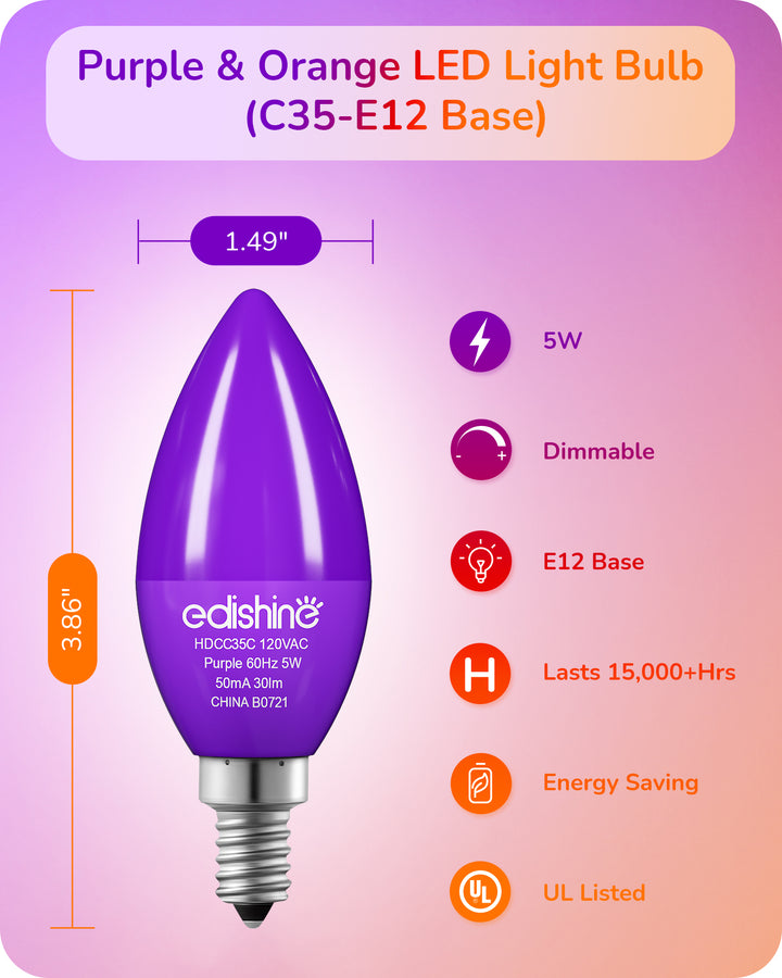 6 Pack Purple & Orange Dimmable Light Bulb-HDCC35C