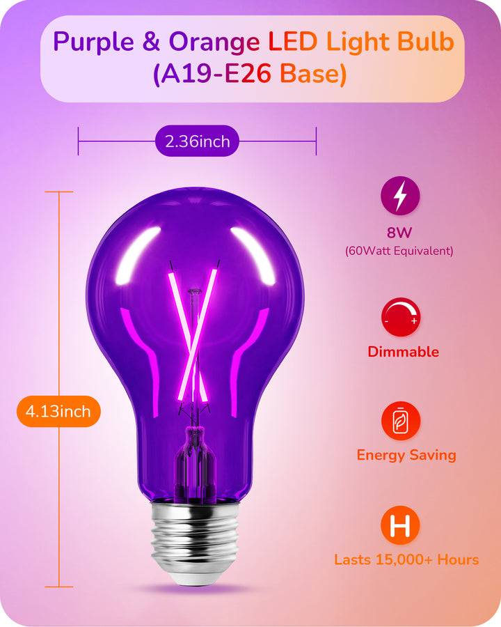 4 Pack Dimmable Purple & Orange Light Bulb-HDCF19C