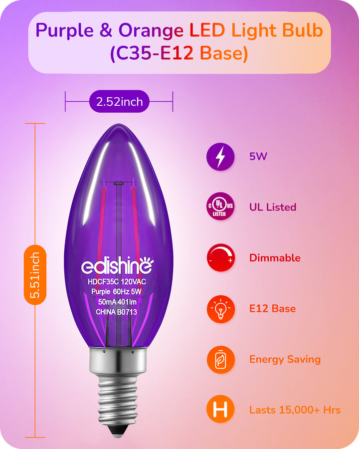 6 Pack Dimmable Purple & Orange Light Bulb-HDCF35C