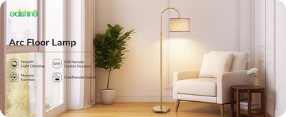 EDISHINE Modern Arc Dimmable Floor Lamp with Remote& Footswitch, Gold-HFLEA2A