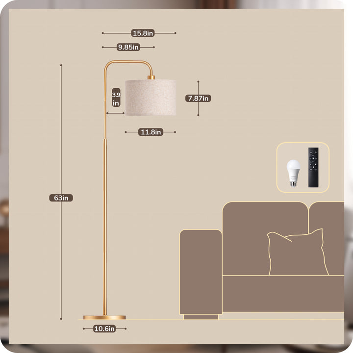 EDISHINE Modern Arc Floor Lamps for Living Room with Remote, 5CCT, Dimmable, Metal Pole Lamps with Shade for Bedroom, Office, Bulb Included, Gold-HFLEA5A