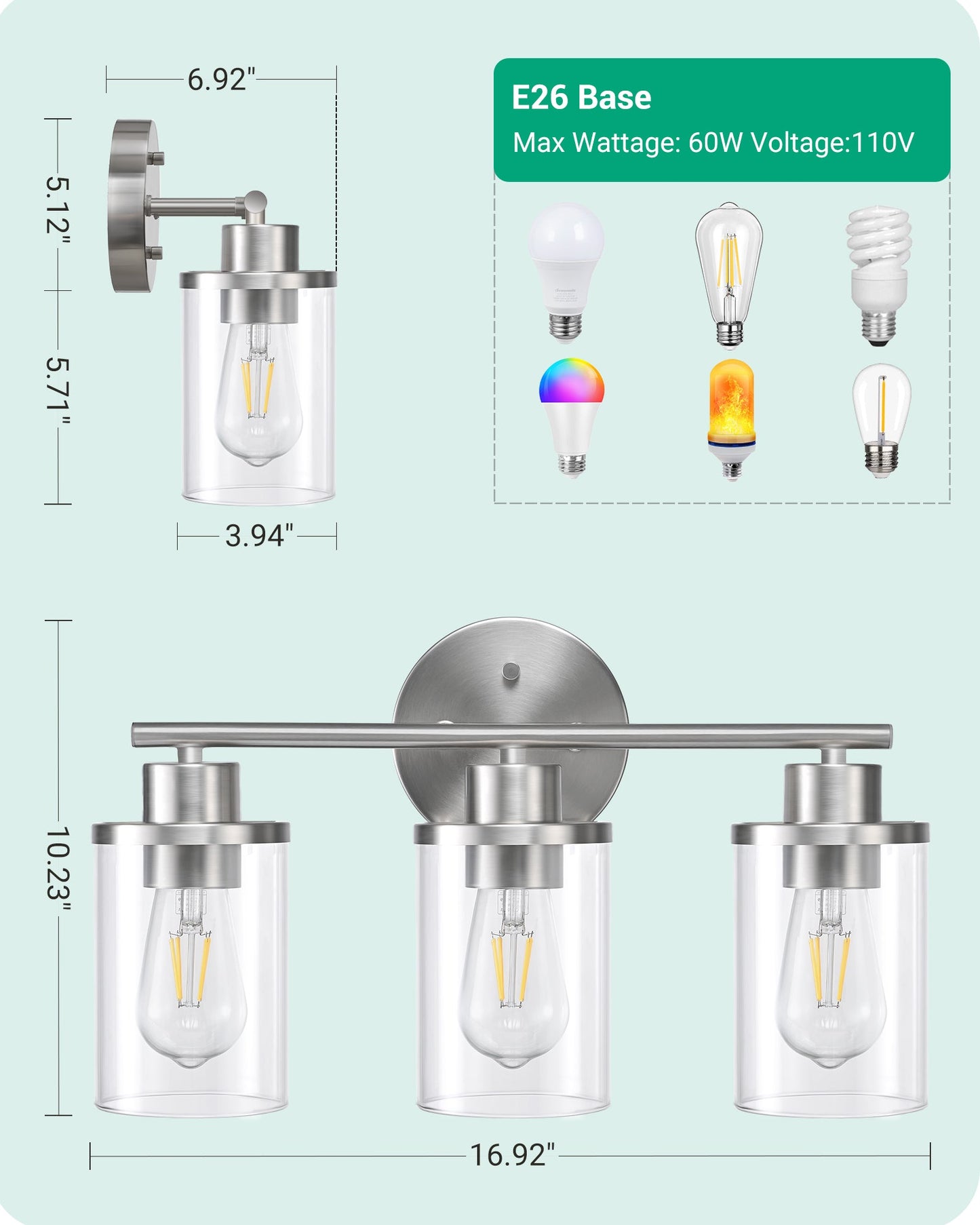 3 Light Brushed Nickel Bathroom Vanity Lights-HHVL04C