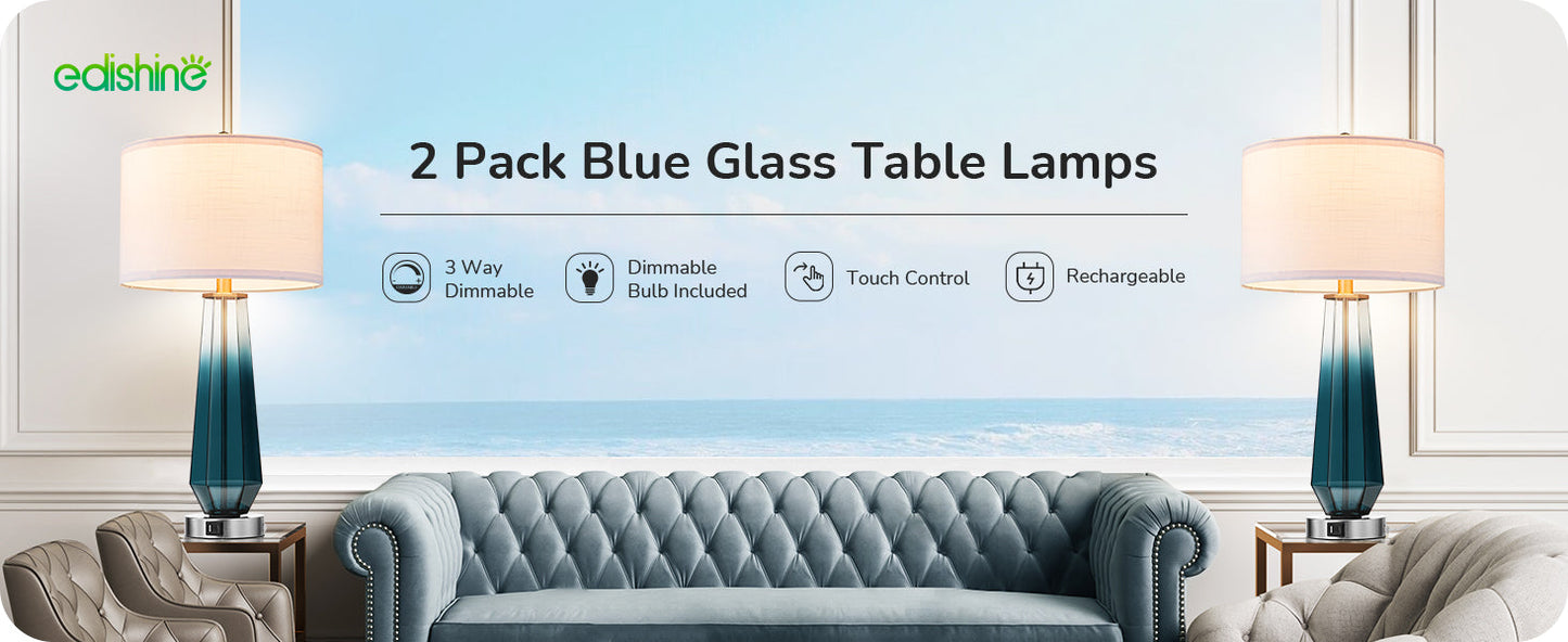 25.2" Ocean Blue Glass Table Lamps, Set of 2-HLTL07B