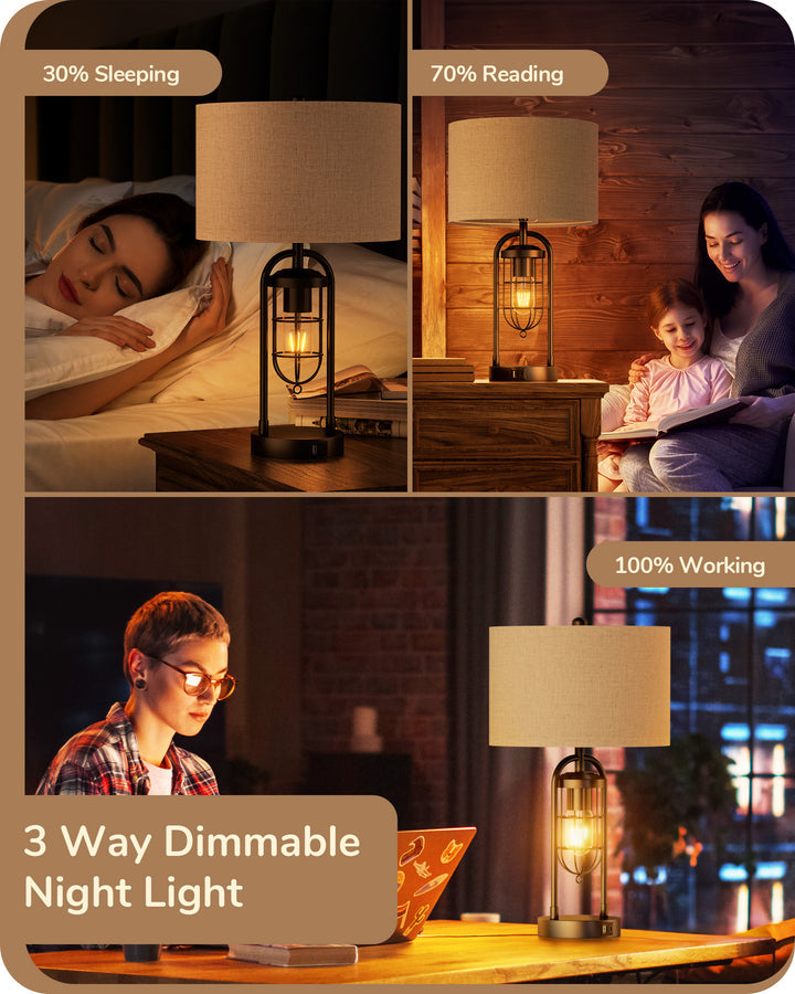 22.84" 3 Way Dimmable Farmhouse Table Lamp with Night Light (2Pack)-HLTL09B