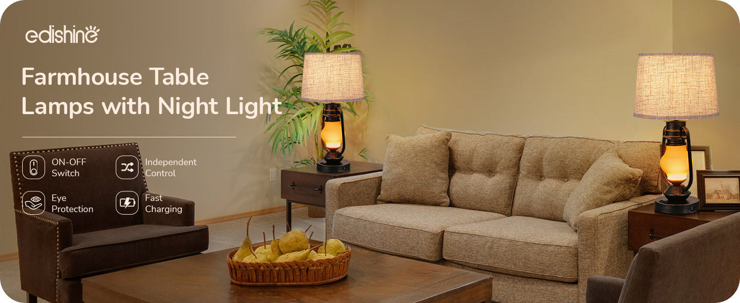 21.65" Farmhouse Table Lamp with LED Lantern Night Light (2 Pack)-HLTL09E