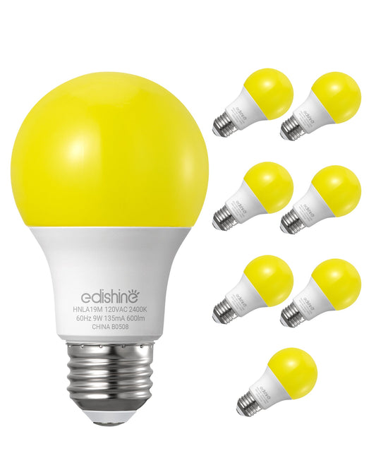 EDISHINE Non-Dimmable 9W (60W Equivalent) A19 Yellow Light Bulb (8 Pack)-HNLA19M