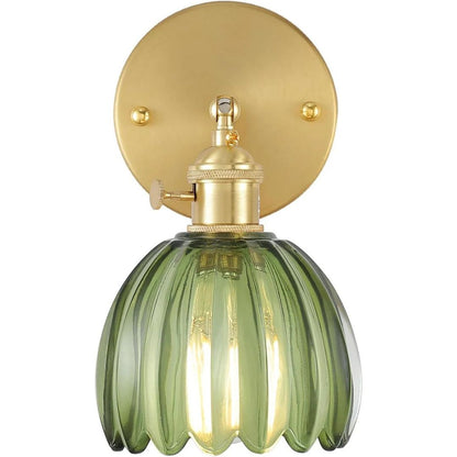 Vintage  Green Tulip Glass Lampshade Wall Sconces, Brass