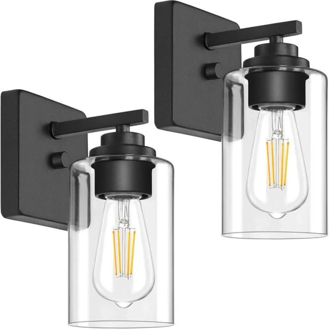 Set of 2 Farmhouse Wall Lights with Clear Glass Shade for Bedroom, Matte Black