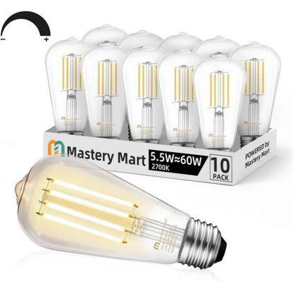 Vintage LED Edison Bulb Dimmable, 6W Equivalent 60W, 3000k Soft White, E26 Base Led Light Bulbs, 700LM, High CRI 95+ Eye Protection, Clear Glass, Pack of 12