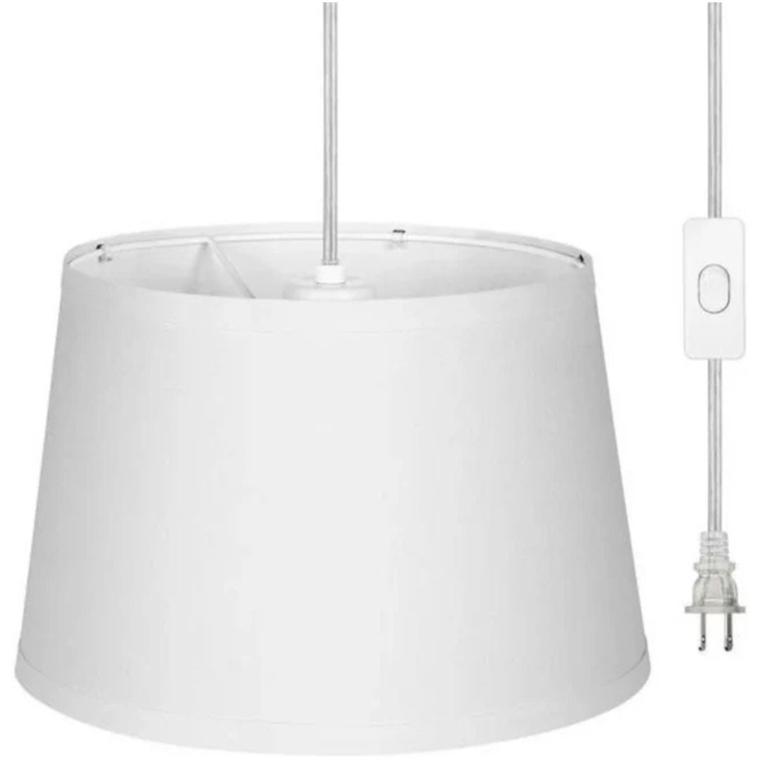 Plug in Pendant Light with 15Ft Clear Cord, White Fabric Shade