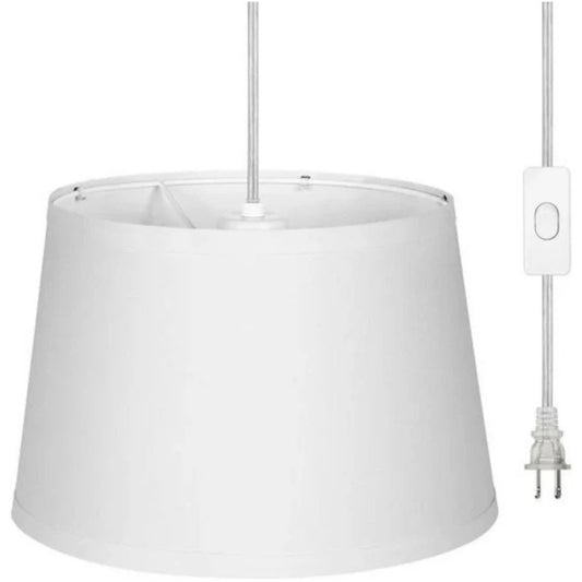 Plug in Pendant Light with 15Ft Clear Cord, White Fabric Shade