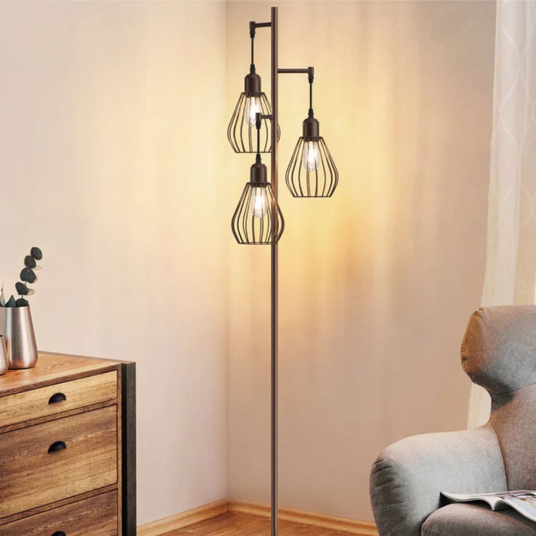 Industrial Tree Floor Lamp with with 3 Elegant Teardrop Cage Head