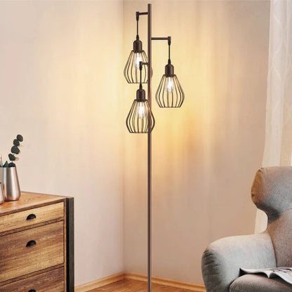 Industrial Tree Floor Lamp with with 3 Elegant Teardrop Cage Head