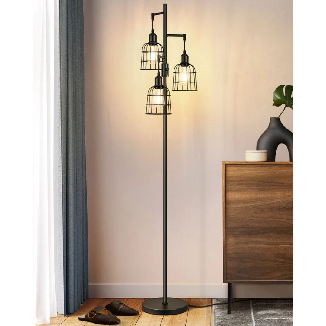 Dimmable Black Farmhouse Floor Lamp with 3 LED Bulbs-HLFL03H