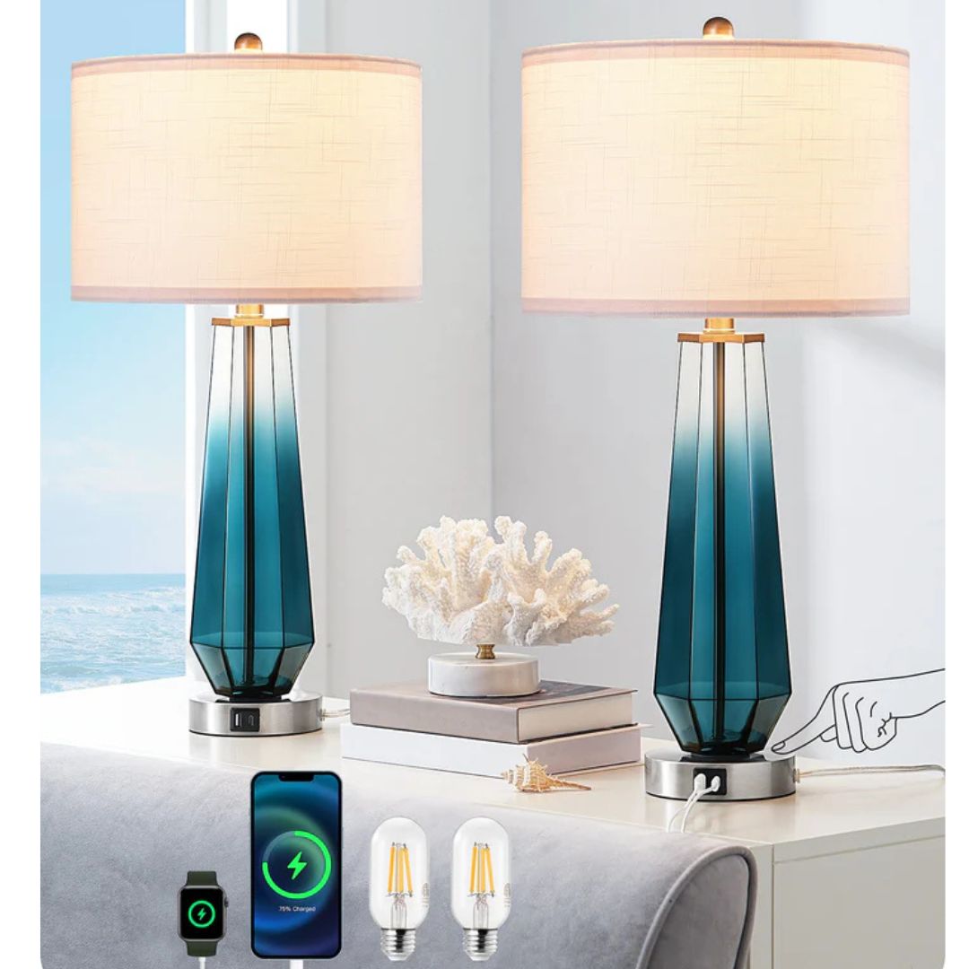 25.2" Ocean Blue Glass Table Lamps, Set of 2-HLTL07B