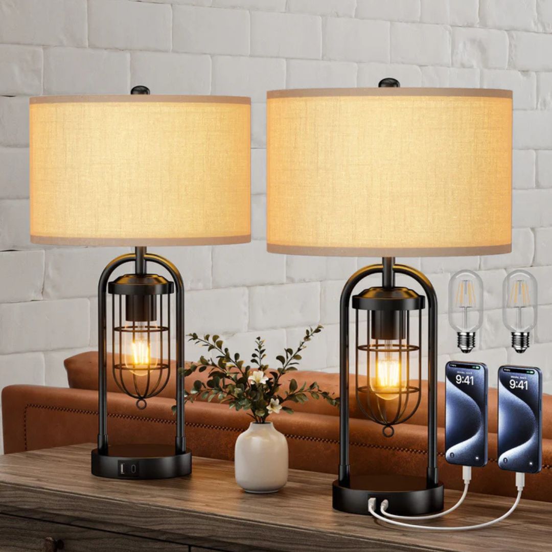 22.84" 3 Way Dimmable Farmhouse Table Lamp with Night Light (2Pack)-HLTL09B