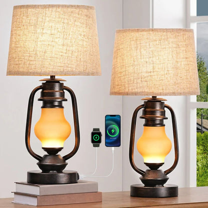 21.65" Farmhouse Table Lamp with LED Lantern Night Light (2 Pack)-HLTL09E