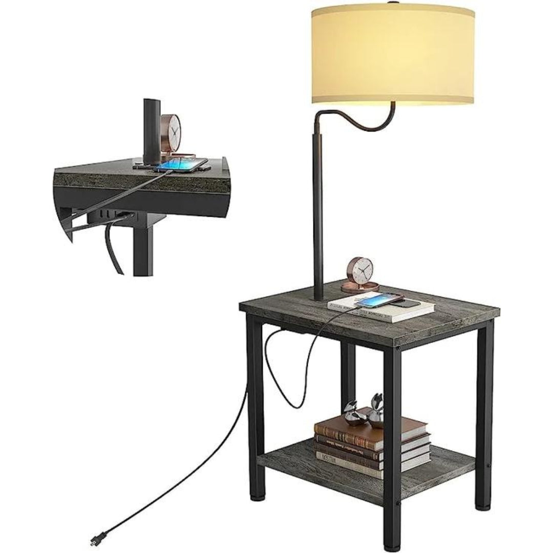 Bedside Nightstand End Table with Reading Light, Black Oak theluminousdecor