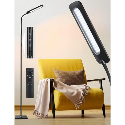 "Modern Black LED Floor Lamp with Remote Control - Stylish Standing Lamp for Living Room, Adjustable Height and Brightness"