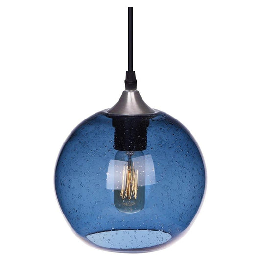 Pendant Lights Kitchen Island Hand Blown Glass Modern Light Fixtures Ceiling Hanging Blue Globe Seeded Bubbles Brushed Nickel 7.4 Inch Diam My Store