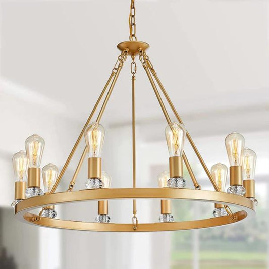 SUE 10-Lights Large round Gold Modern Wagon Wheel Chandelier, Luxury Industrial Island Pendant Light Fixture for Living Room Foyer Entryway Chain Adjustable UL Listed My Store