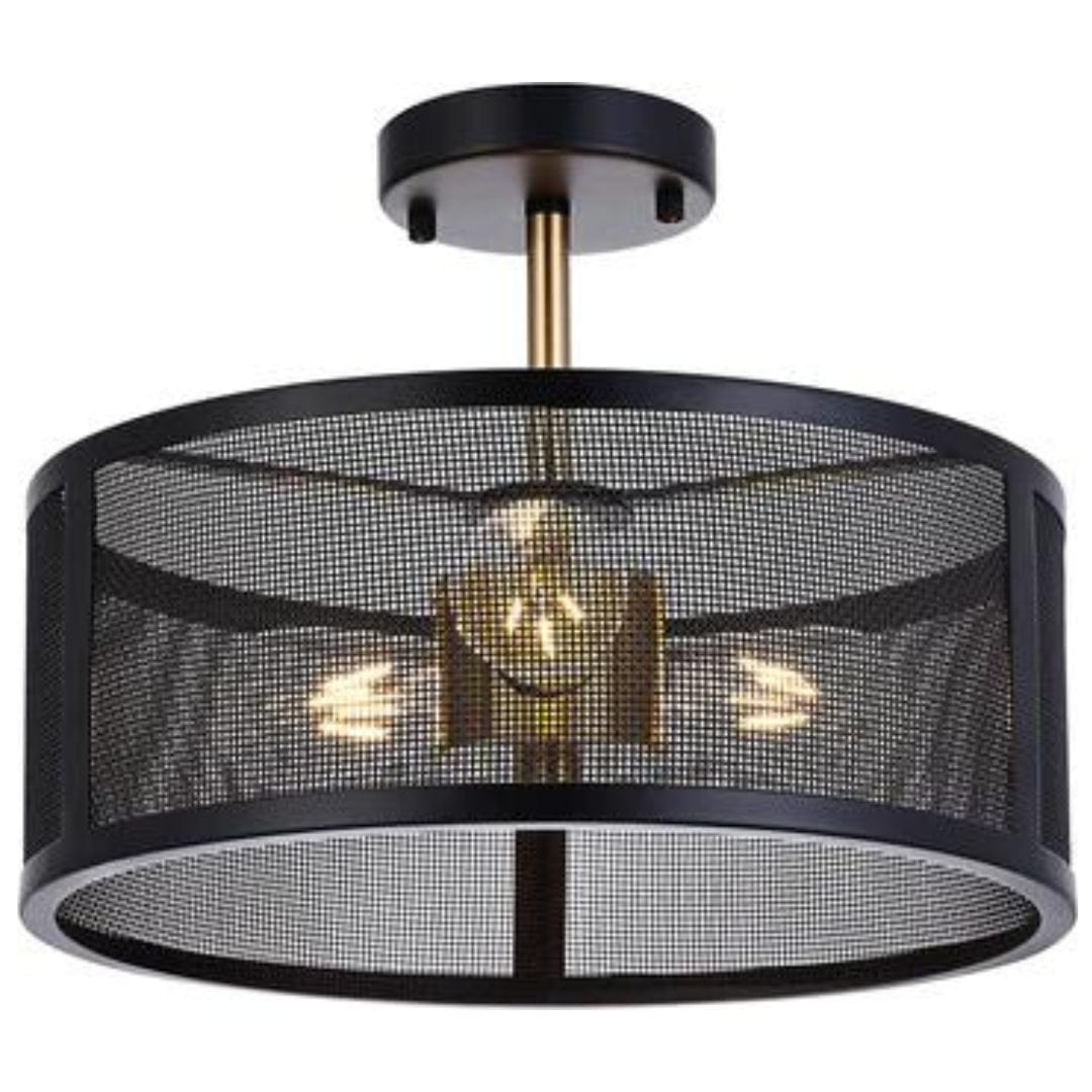 14.2'' Farmhouse Semi Flush Mount Ceiling Light Fixture, 3-Light Industrial Black and Gold Drum Ceiling Light Fixtures Hanging with Metal Cage for Bedroom,Living Room,Foyer,Entryway,Office My Store