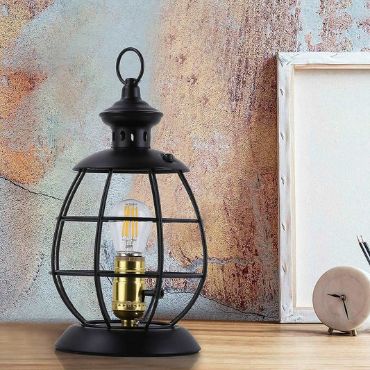Antique Industrial Electric Lantern Table Lamp for Bedroom Bedside, Metal Cage Shade Reading Desk Lamp with Hanging Hoop for Living Room, Modern Retro Mid-Century Farmhouse Décor Black(No Bulbs)