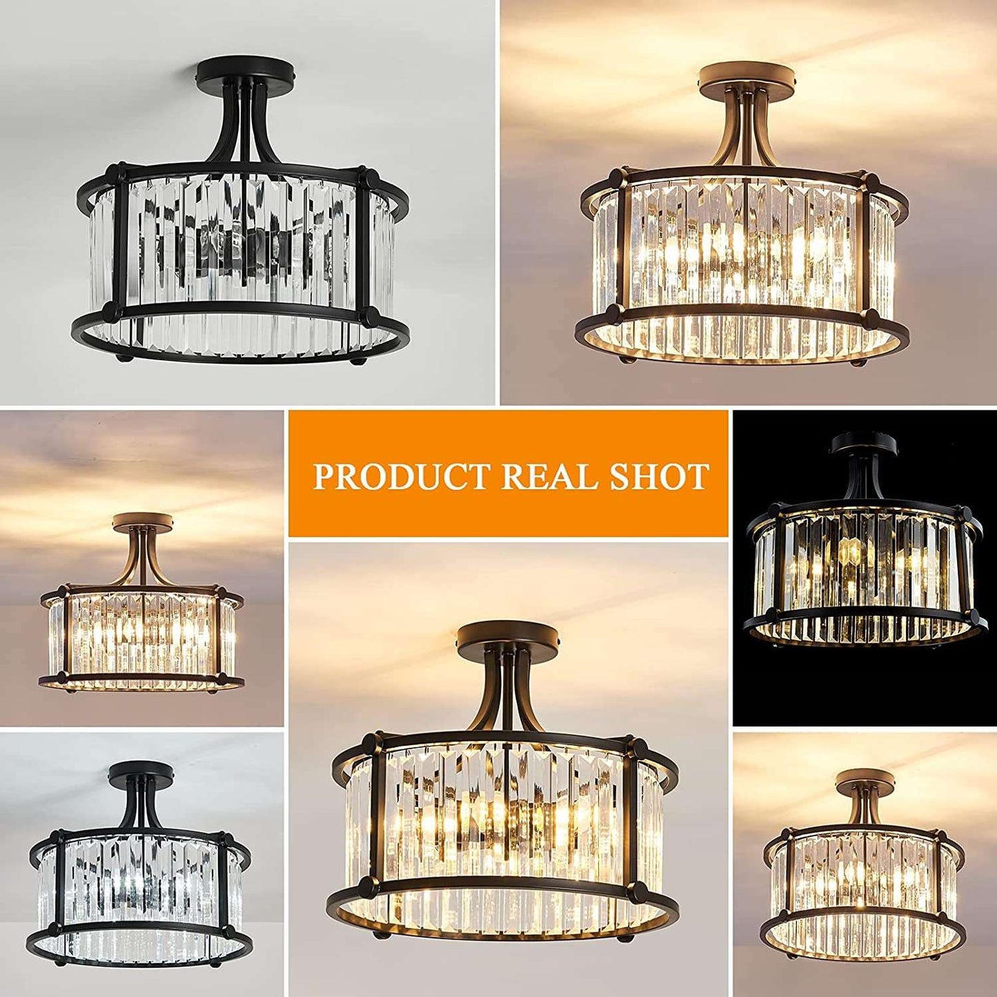 6-Light Black Semi Flush Mount Crystal Chandelier Metal Modern Ceiling Light Fixture Lighting for Living Room Dining Room Kitchen Bedroom Foyer Hallway