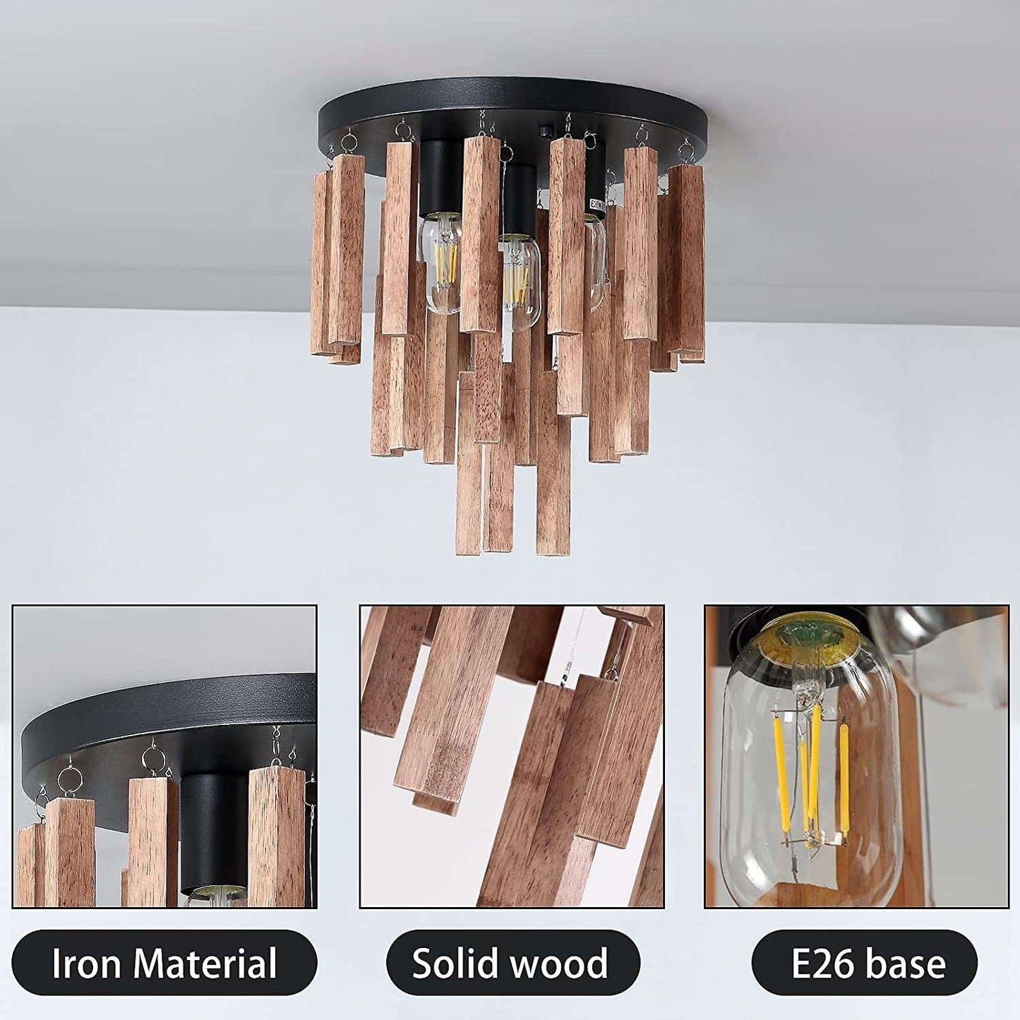 3-Light Semi Flush Mount Ceiling Light Fixture Rustic Wooden Chandelier Retro Ceiling Lamp Oak and Black with E26 for Farmhouse Kitchen Entryway Hallway Bedroom Dining Room Livingroom Foyer…