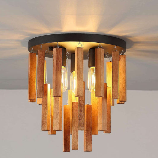 3-Light Semi Flush Mount Ceiling Light Fixture Rustic Wooden Chandelier Retro Ceiling Lamp Oak and Black with E26 for Farmhouse Kitchen Entryway Hallway Bedroom Dining Room Livingroom Foyer…