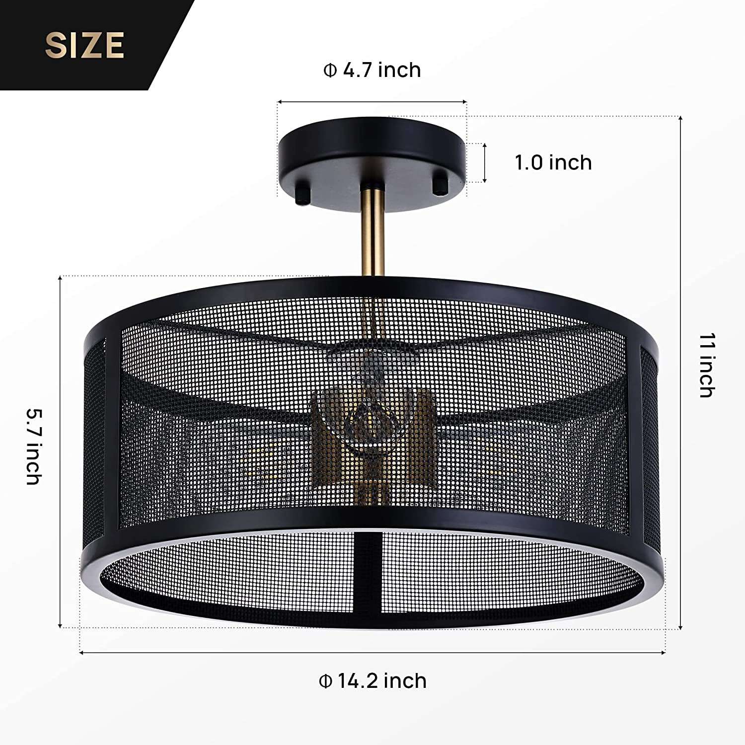 14.2'' Farmhouse Semi Flush Mount Ceiling Light Fixture, 3-Light Industrial Black and Gold Drum Ceiling Light Fixtures Hanging with Metal Cage for Bedroom,Living Room,Foyer,Entryway,Office