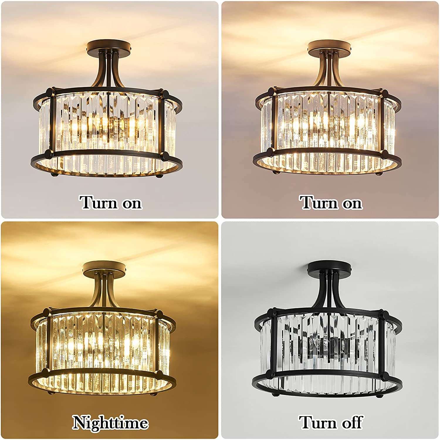 6-Light Black Semi Flush Mount Crystal Chandelier Metal Modern Ceiling Light Fixture Lighting for Living Room Dining Room Kitchen Bedroom Foyer Hallway