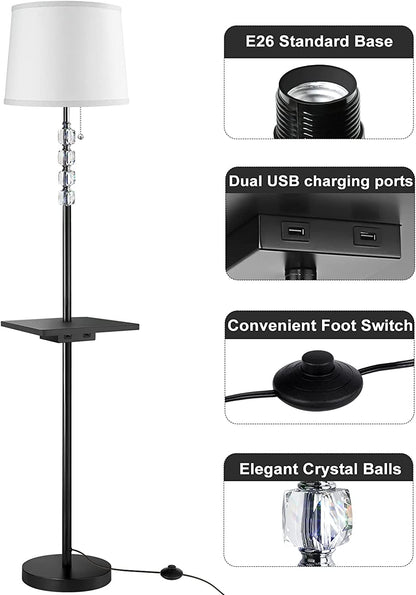 Floor Lamp for Living Room, Modern Crystal Tall Lamp, Standing Lamp with Tray Table and Dual Fast USB Ports, Bedroom Decor Reading Lamp with Foot Control and Linen Lamp Shade for Living Room, Office