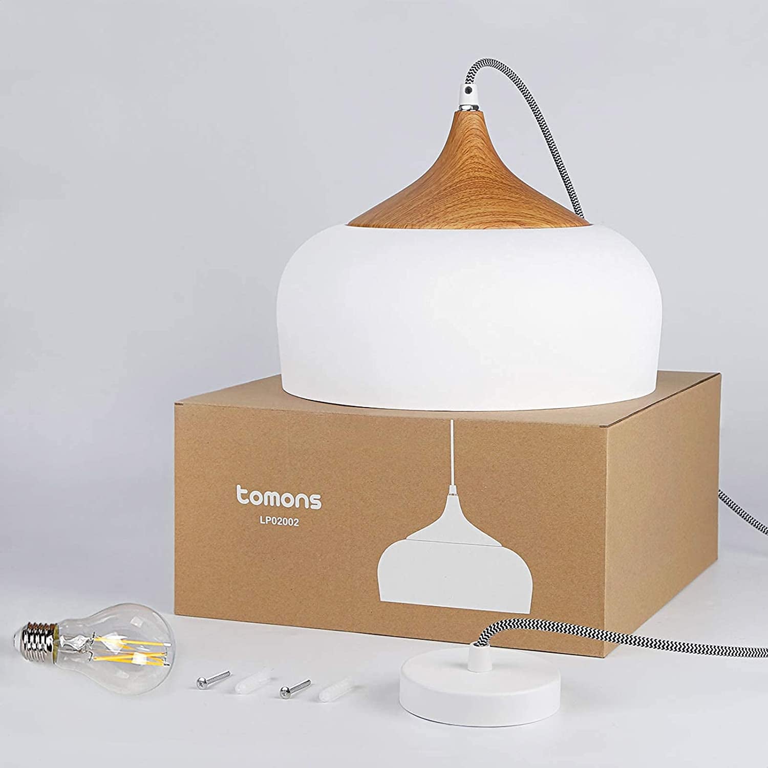 Pendant Light Modern Lantern Lighting with LED Bulb, Wood Pattern Dome Minimalist Style Ceiling Hanging Lamp for Kitchen Island, Dining Room, Living Room, Bedroom, Coffee Bar - White