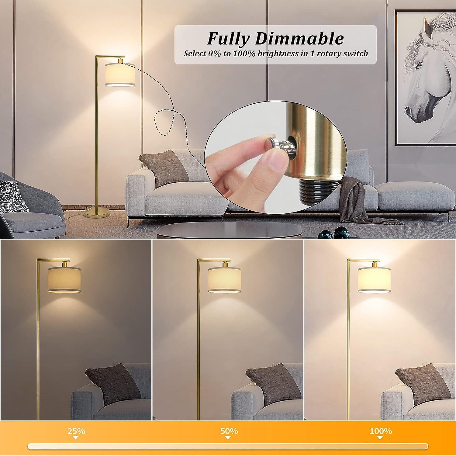 Fully Dimmable LED Floor Lamp, Modern Floor Lamp with Dimmer & Foot Switch, Gold Floor Lamp with Hanging Shade, Reading Light Tall Standing Lamp for Living Room Bedroom Office, 8W LED Bulb Included