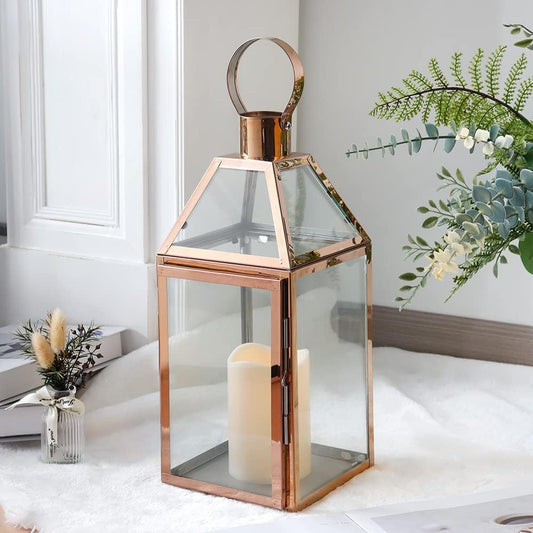 Rose Gold Decorative Lanterns 16 Inch High Stainless Steel Candle Lanterns with Tempered Glass for Indoor Outdoor Events Parities and Weddings