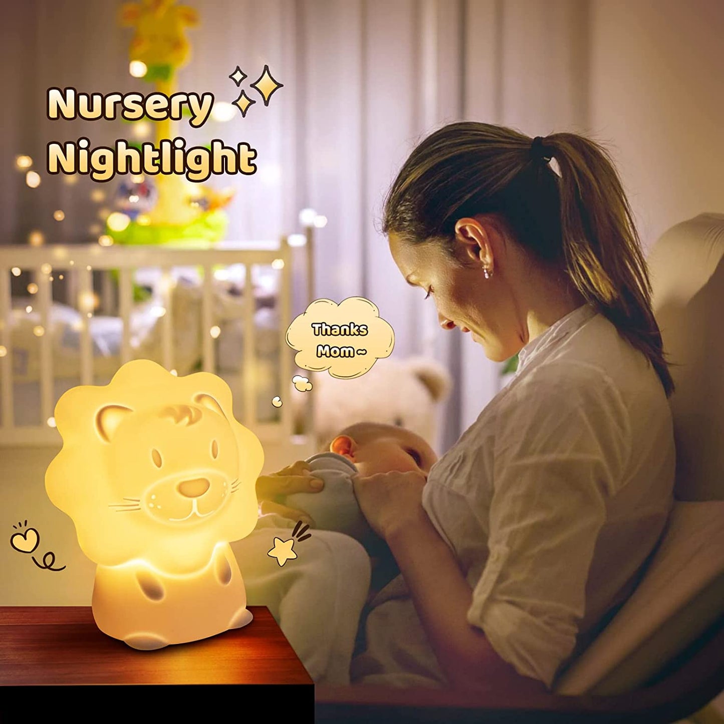 Cute Night Light for Kids – Paint Free Silicone Lion LED Nightlight, Nursery Lamp with Timer, for Toddler, Baby, Girls, Boys, Children Gift, Bedroom