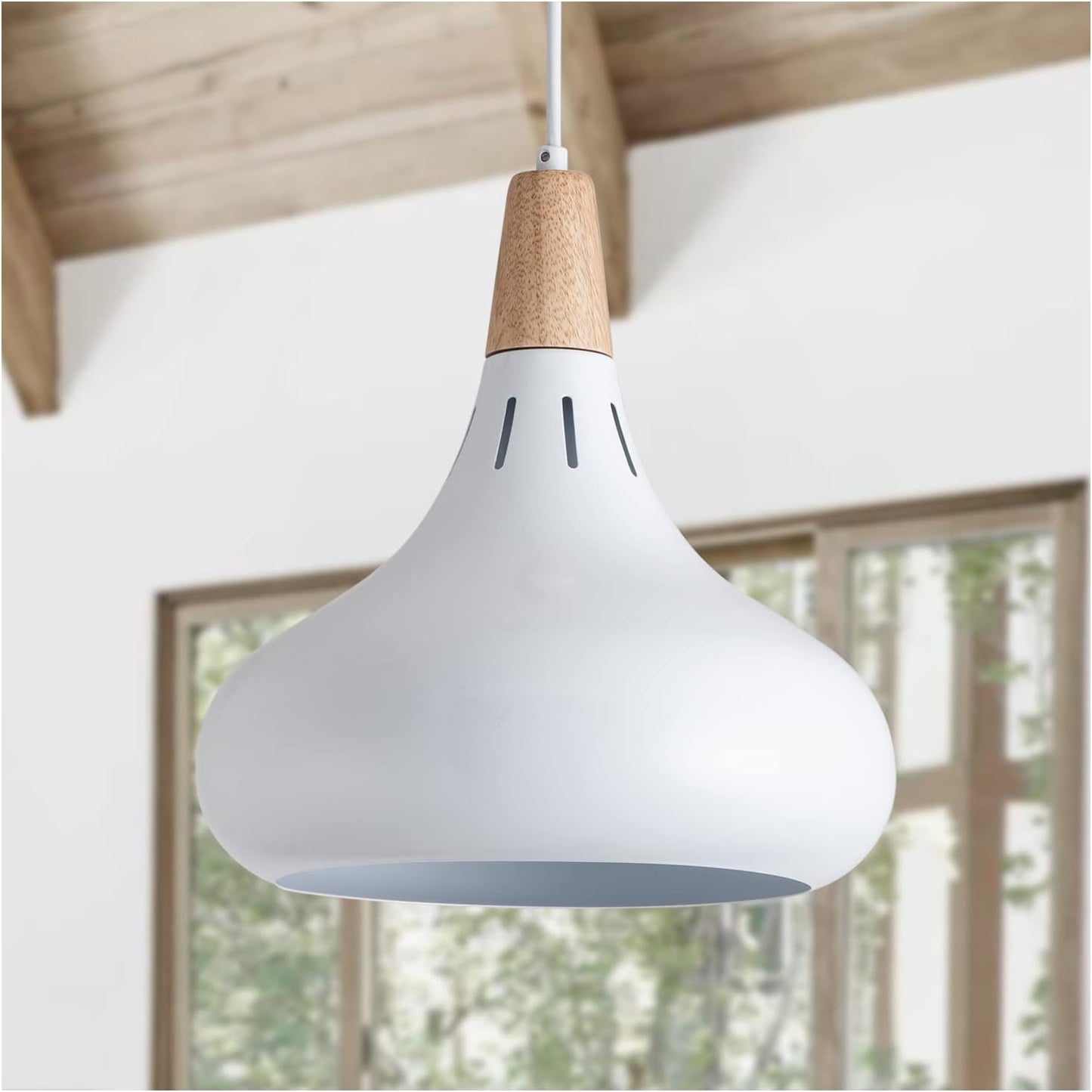 Modern Pendant Light Fixture with Wood, White Hanging Lighting Framhouse Metal Pendant Lamp for Kitchen Island, Living Room, Bedroom, Dinning Room