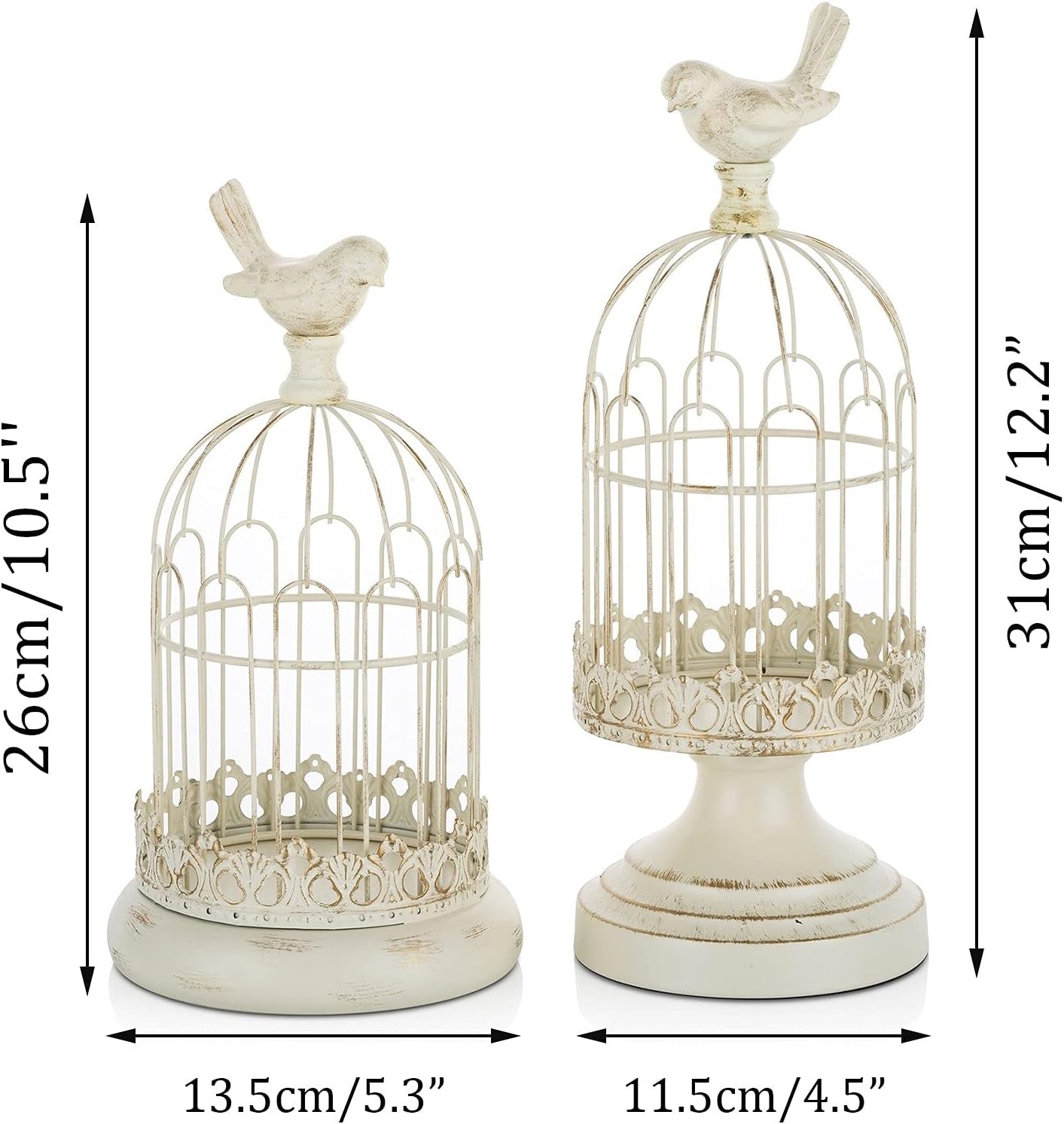 Decorative Candle Holder Bird Cage - Set of 2 Cage Lanterns for Candleholder Shabby Chic Country Home Decoration Table Centerpiece Mantel Decor, 10’’/12’’ Tall, Distressed Ivory