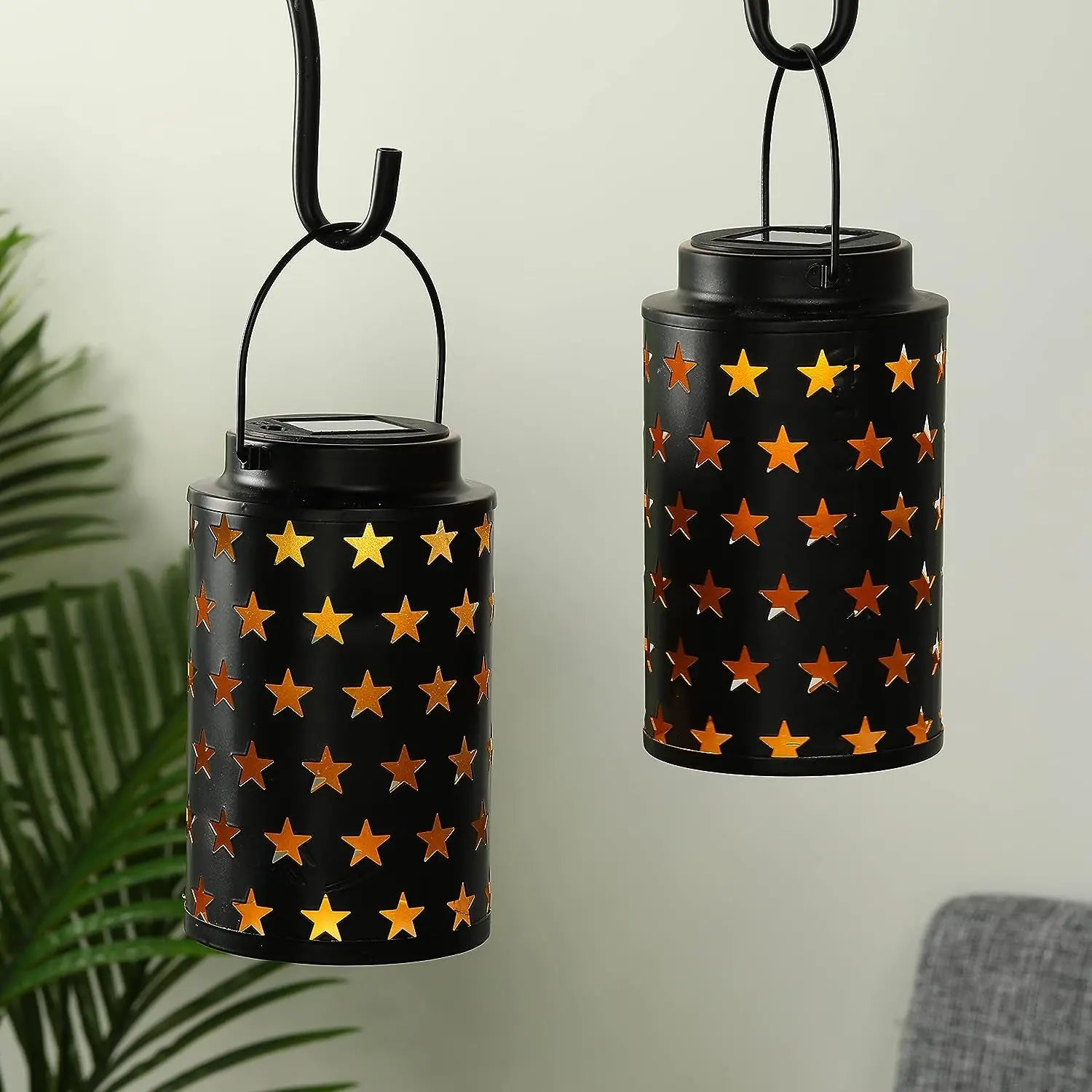 2 Pack Solar Lantern Lights Outdoor Solar Powered Table Lamp Lights Hanging Garden Lamp Metal Lantern with Handle for Patio Garden Outdoor Walkway Yard Landscape Park Lawn(Hollow Stars)