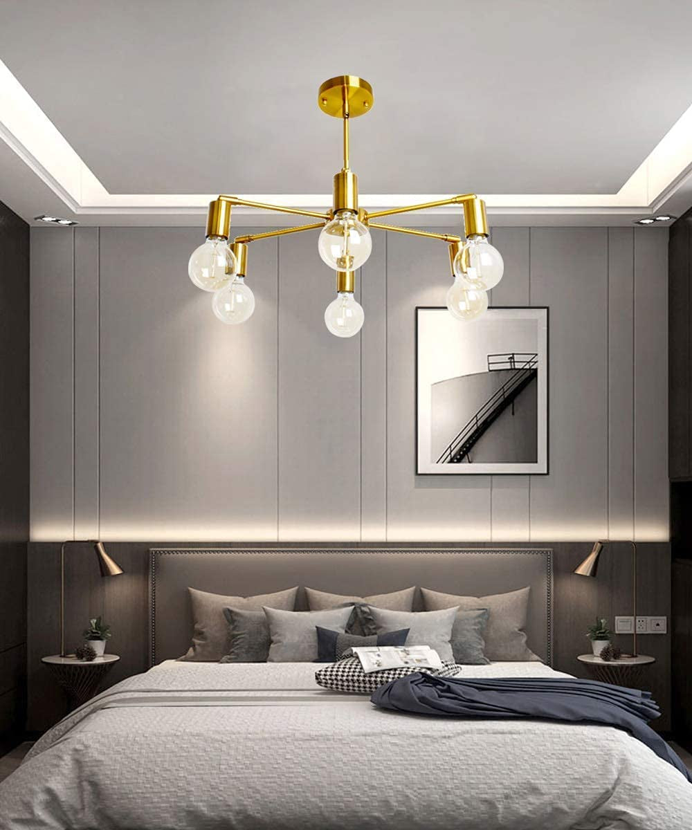 BAODEN 6-Lights Fixture Modern Gold Sputnik Chandelier Brushed Brass Mid Century Pendant Light Semi Flush Mount Hanging Lamps for Dining Bedroom Kitchen Lighting