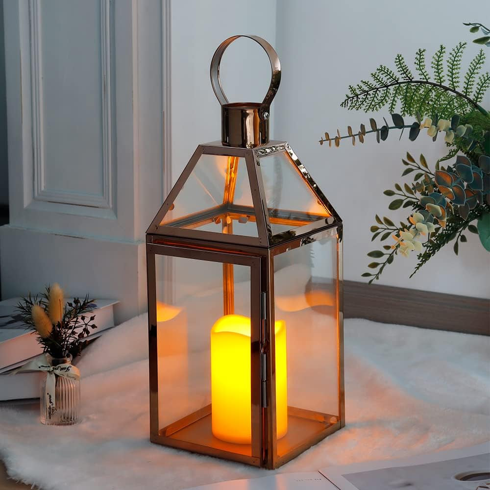 Rose Gold Decorative Lanterns 16 Inch High Stainless Steel Candle Lanterns with Tempered Glass for Indoor Outdoor Events Parities and Weddings