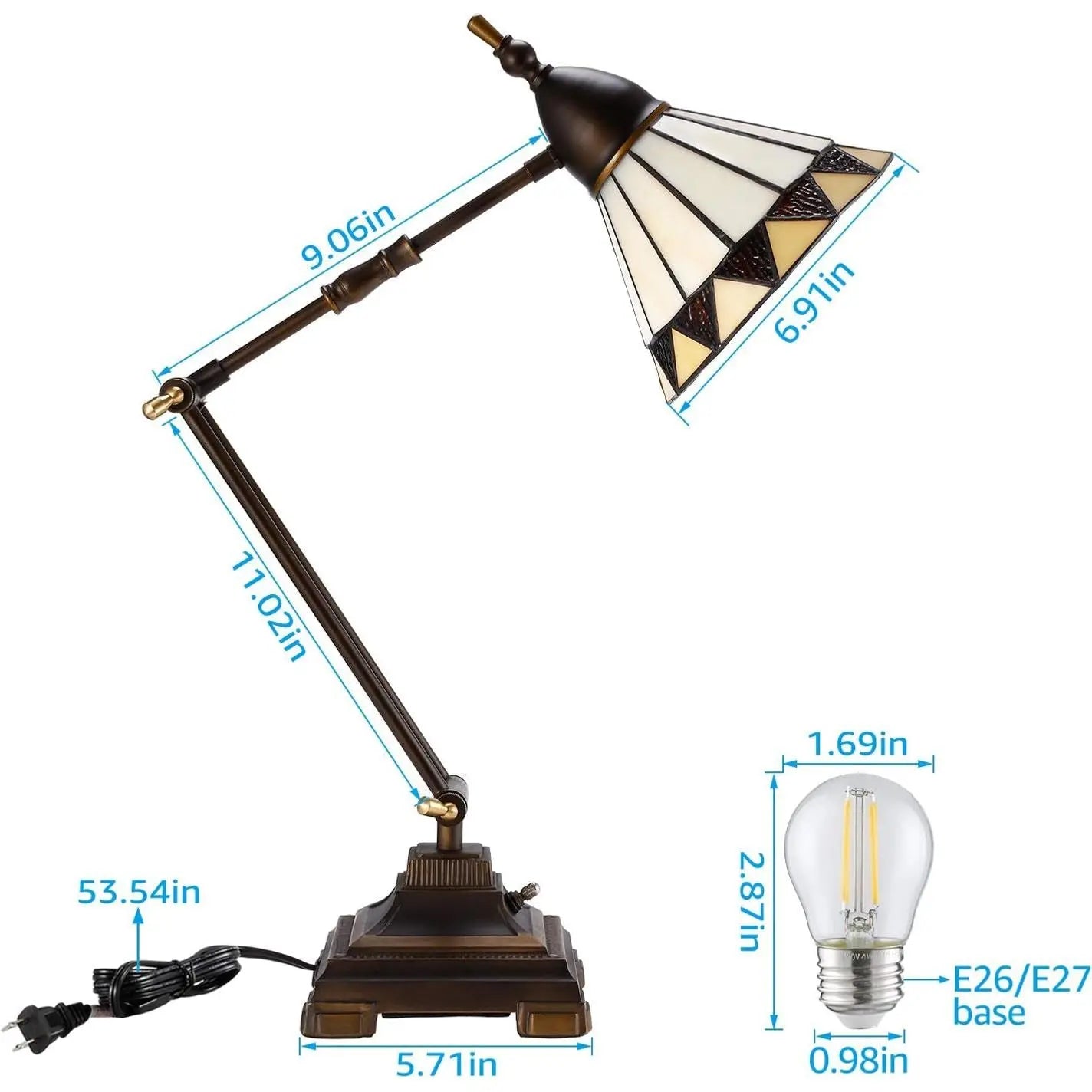 Tiffany Style Table Lamp, Antique Vintage Light Decor Swing Arm Desk Light, Handmade Lampshade, LED G45 Bulb Included, Decoration for Living Rooms, Bedrooms, Coffee Bar