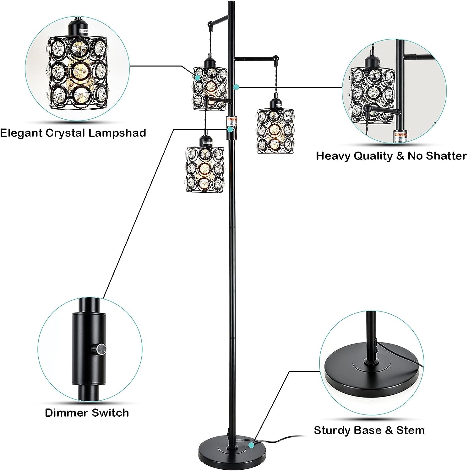 Airposta Industrial Floor Lamp with On/Off Dimmable Switch, 3-Head Rustic Glass Crystal Tall Tree Standing Lamp, 40W Farmhouse Torchiere Floor Lamp Light for Living Room, Reading, Office, Bedroom,Home