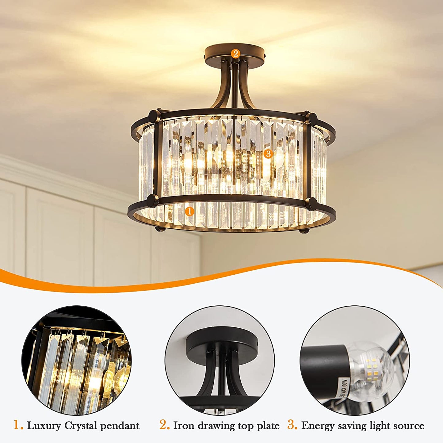 6-Light Black Semi Flush Mount Crystal Chandelier Metal Modern Ceiling Light Fixture Lighting for Living Room Dining Room Kitchen Bedroom Foyer Hallway