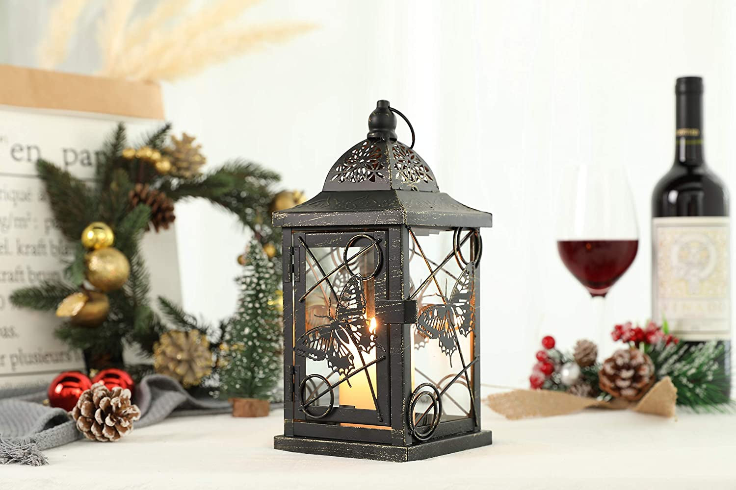 Butterfly Decorative Candle Lanterns 9.5" High Rustic Black Metal Lantern Candle Holder for Home Decor Indoor Outdoor Events Parties and Weddings (Black with Gold Brush)