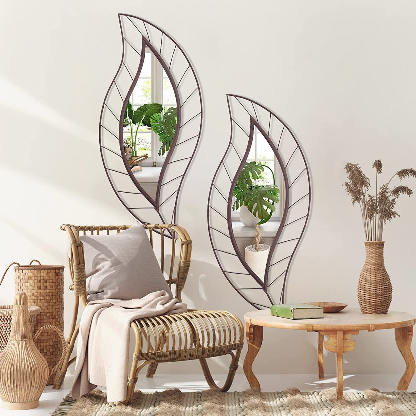 Wall Mirror Mounted Decorative Mirror Leaf Stylish Decor for Bathroom Vanity, Living Room or Bedroom(Rustic)