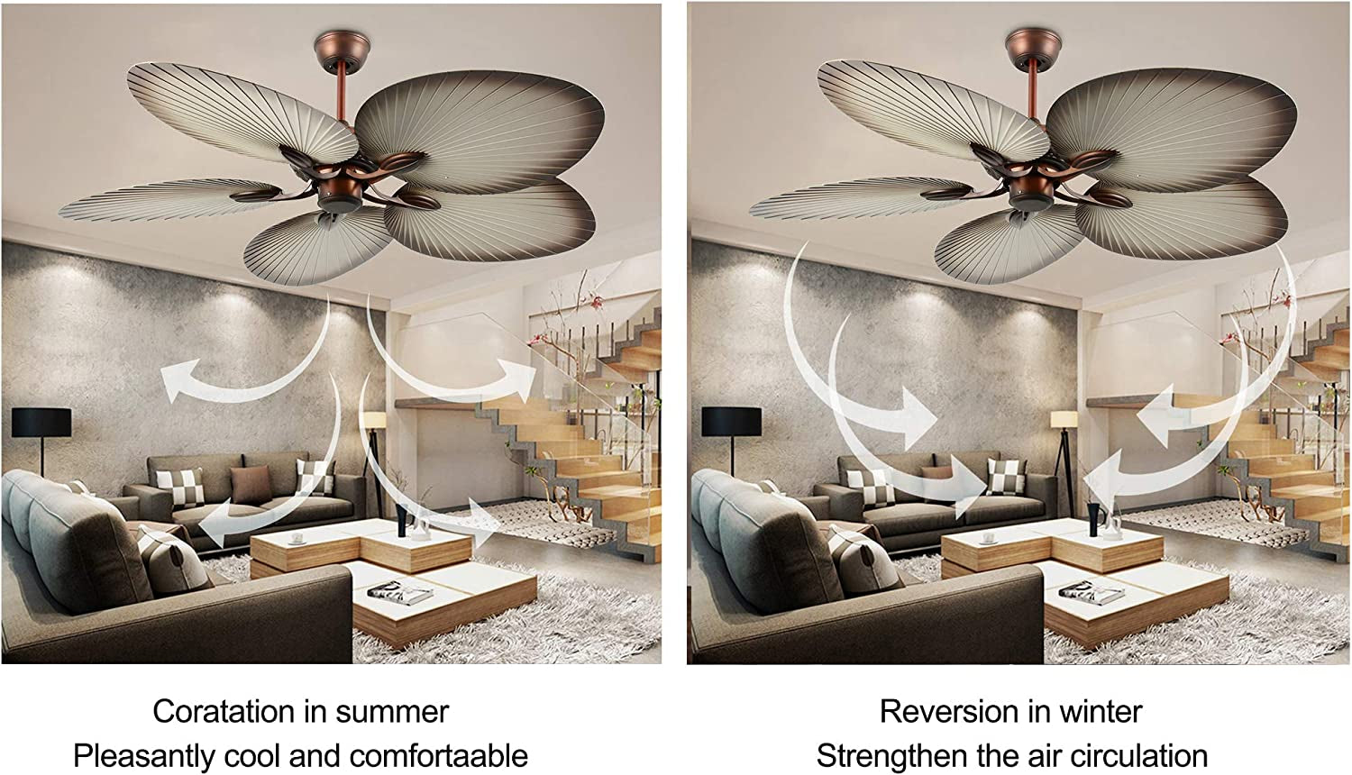 Whmetal Cover 52 Inch Tropical Ceiling Fan with Remote Control, 5 ABS Damp Rated Palm Blades for Indoor, Outdoor(Brown)