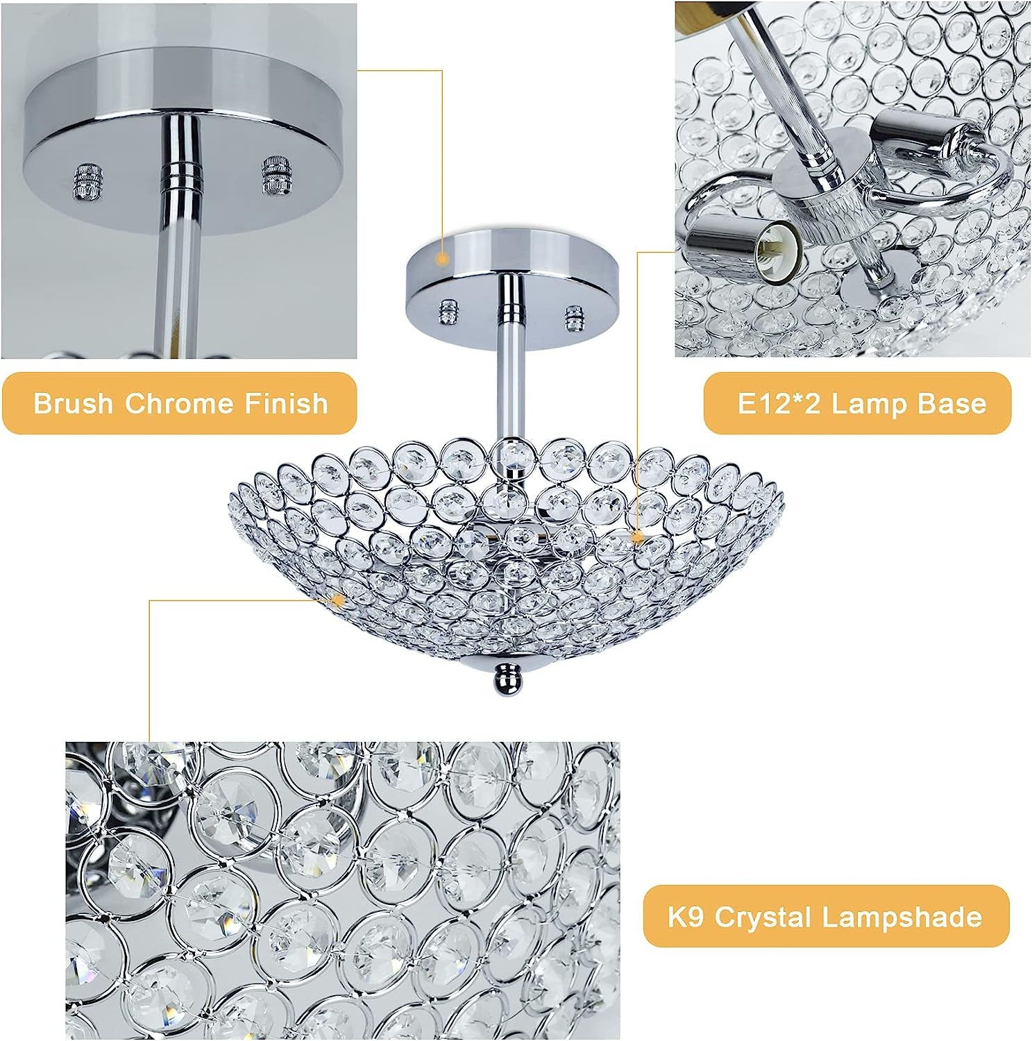 DLLT Modern Crystal Ceiling Light, 2-Light Crystal Chandelier Lighting Fixture, Semi Flush Mount for Bedroom, Entryway, Foyer, Hallway, Closet Room, Chrome Finish E12 Base(Bulb Not Included)